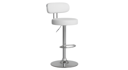 White adjustable bar stool with chrome base and footrest on black seat backrest, Isolated On Png Transparent Background