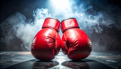 연기 속에서 서로 마주한 빨간 복싱 글러브 Red Boxing Gloves Facing Each Other in Dramatic Smoke