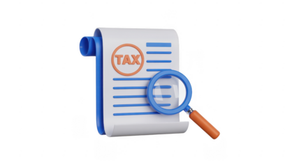 3D rendering of tax form with magnifying glass isolated on a transparent background