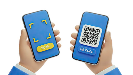 Hands holding smartphones showing QR code scanning interface