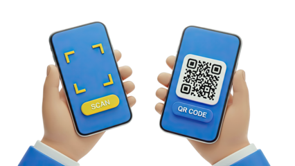 Hands holding smartphones showing QR code scanning interface