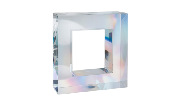 Mesmerizing transparent square object capturing and refracting light, showcasing optical clarity and an abstract minimalist design against a clean white backdrop - Powered by Adobe