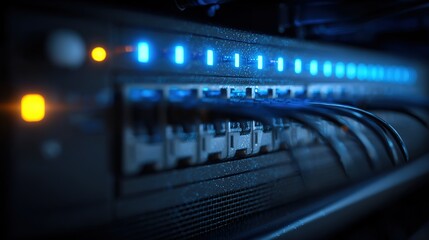 Cybersecurity and Data Protection Concept, Blue Server Rack LEDs as Watchful Eyes in the Dark, Symbolizing Vigilance and Secure Digital Infrastructure