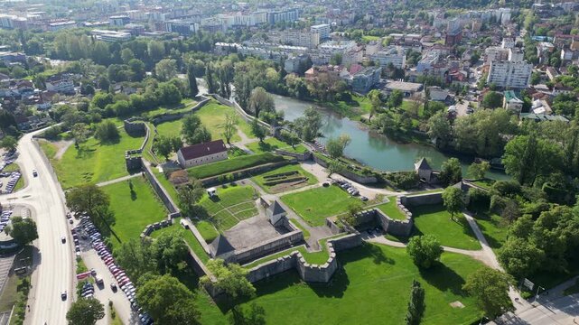 Aerial perspective of Vrbas river flowing through the city of Banja Luka, Srpska republic, Bosnia and Herzegovina.