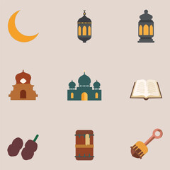 A collection of flat design icons representing various elements of Islamic culture and Ramadan, including mosques, lanterns, dates, and the crescent moon.