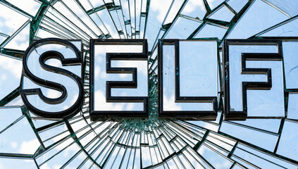 Broken Glass with Large "Self" Text Reflection