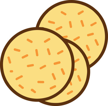 Simple vector illustration of three round crunchy cookies or crackers with sprinkles isolated on white background for snacks.