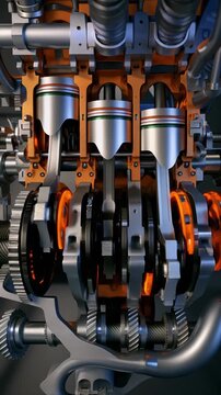 3D animation of an internal combustion engine mechanism in motion, rotating pistons, valves,