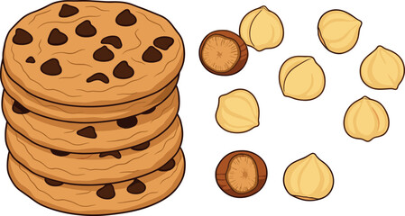Stack of chocolate chip cookies with scattered hazelnuts vector illustration isolated on white background for bakery and sweets.