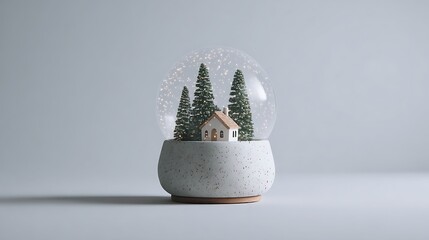 Miniature white cabin nestled among dark green pine trees inside a modern textured snow globe swirling with delicate sparkling lights against a soft background