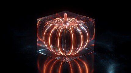 Abstract glowing orange neon light sculpted into a detailed glass pumpkin shape resting inside a transparent cubic containment structure with dark reflections