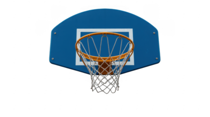 Basketball hoop and net with blue backboard and white square isolated on a transparent background