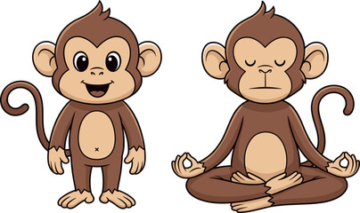 Title (18 Words) Cute cartoon monkey character set with standing and meditating yoga poses vector illustration isolated on white background.