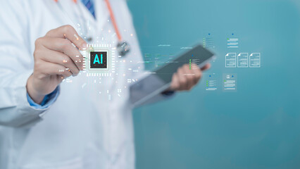 Doctor using AI technology in medical diagnostics and data analysis. Concept of futuristic healthcare, machine learning, and innovation in a hospital setting. The image provides essential space for te