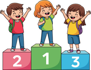 Three happy diverse school children standing on a winners podium with backpacks celebrating success and achievement vector illustration.