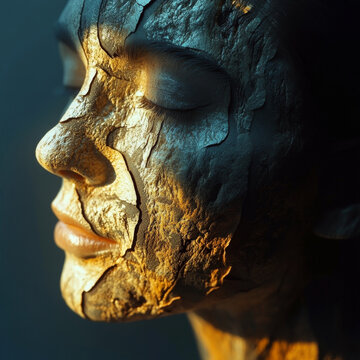 Close-up, face in profile, eyes closed, dramatic light accentuating cracked gold texture peeling from dark surface