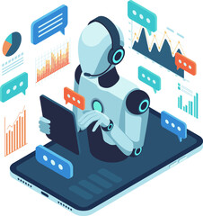Isometric AI Customer Support Robot Assisting User