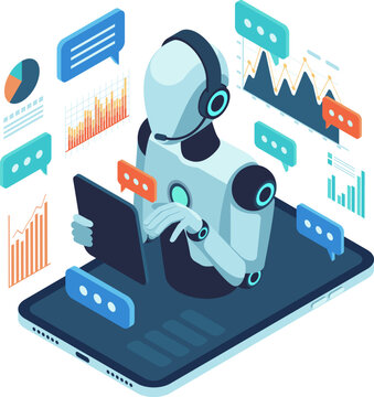 Isometric AI Customer Support Robot Assisting User