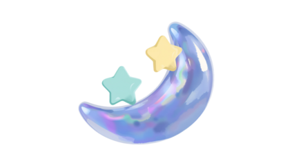 Glossy holographic crescent moon with two stars, stylized celestial icon on white background