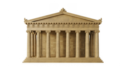 Beige stone model of ancient Greek temple with columns isolated on a transparent background