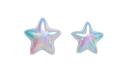 Luminous iridescent stars displaying a mesmerizing pearlescent glow, isolated on pristine white, evoking a vibrant and dreamlike aesthetic with clear, realistic textures