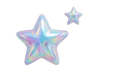 Obraz premium Brilliant pearlescent stars shimmer with a mesmerizing holographic glow, reflecting a vibrant spectrum of pastel colors on a pure white background, creating an enchanting visual effect