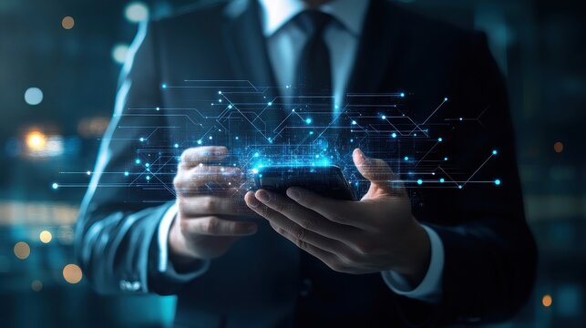 Businessman using futuristic mobile technology for global communication - Powered by Adobe