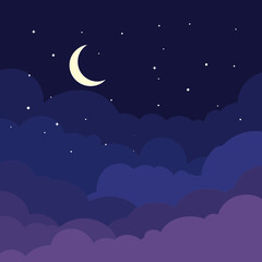 Naklejka premium Night Sky Crescent Moon and Stars Above Clouds