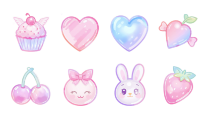Whimsical collection of soft pastel illustrations featuring cute dessert, fruit, and heart designs with a dreamy, glossy finish, perfect for sweet and charming creative projects