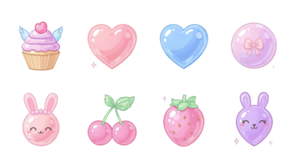 Cute kawaii icons with playful pastel colors, featuring sweets, fruits, and adorable animals for a whimsical touch