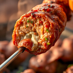 grilled bacon melted,Grilled Meat Skewer Wrapped in Bacon,Gourmet Grilled Meat Roll,barbecue in evening 