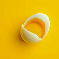 Minimalist soft boiled egg on vibrant yellow background,yolk of egg, boiled egg on isolated background,Modern food photography of a fresh boiled egg macro shot 