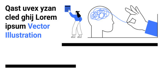 Innovation, mental clarity, neuroscience, cognitive analysis, problem-solving, education. A person examines a human brain outline connected to thought threads. Innovation and mental clarity concept