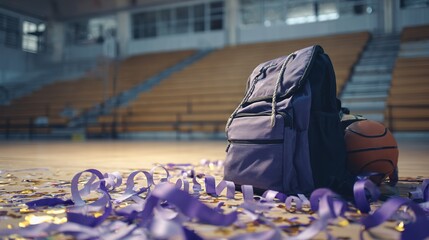 Graduation season theme, basketball and sports backpack placed on the stands beside the basketball court, graduation ribbons on the ground, background is gymnasium	