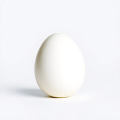 Minimalist white chicken egg standing upright on white background, egg standing , white background, 3d products photography 