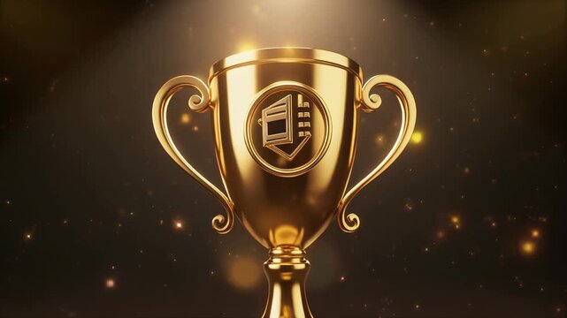 3D cinematic animation of a glowing golden film award trophy under a focused spotlight. Dark 