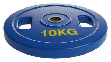 Blue 10kg weight plate with yellow text and silver ring isolated on a transparent background