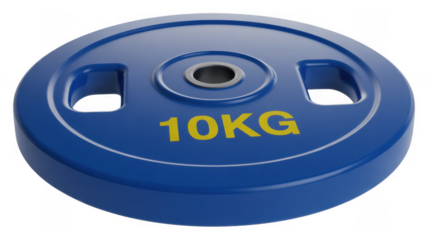 Blue 10kg weight plate with yellow text and silver ring isolated on a transparent background