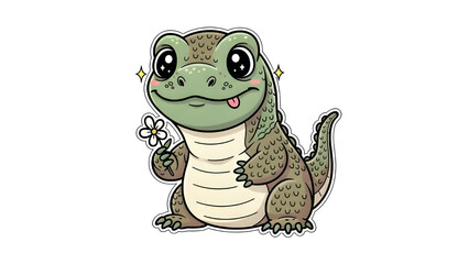 Cute Cartoon Alligator Holding Flower Sticker, Adorable Mascot Character for Kids, Education, and Branding