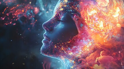 A digital art portrait of a woman's face made up of swirling fire and smoke.