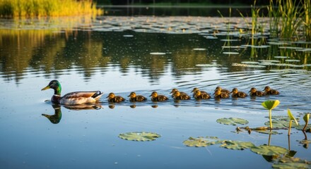 A mother duck leading her line of ducklings across a pond.