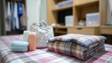 Graduation season theme, basketball and sports backpack placed on the stands beside the basketball court, graduation ribbons on the ground, background is gymnasium