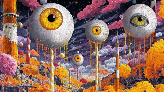 Surreal Halloween dreamscape with floating eyeball planets, candycorn towers, and a dripping wax moon. Dadaist art style