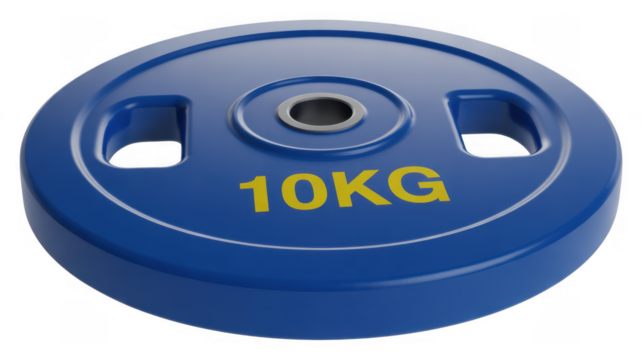 Blue 10kg weight plate with yellow text and silver ring isolated on a transparent background - Powered by Adobe