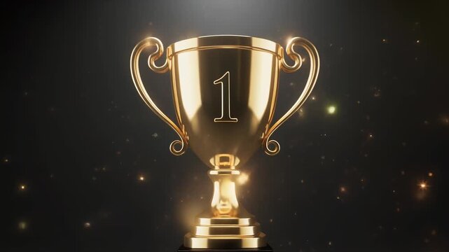 3D cinematic animation of a glowing golden film award trophy under a focused spotlight. Dark 