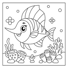 Fototapeta premium cute swordfish cartoon in underwater world background for kids coloring book