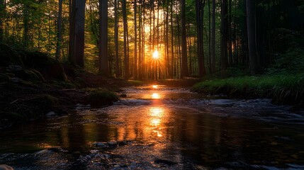 Obraz premium A beautiful sunset shines through the trees illuminating the calm waters of a forest stream.