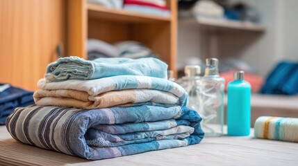 Graduation season theme, basketball and sports backpack placed on the stands beside the basketball court, graduation ribbons on the ground, background is gymnasium