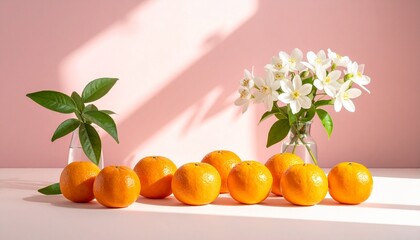 핑크색 배경 위 한라봉과 흰색 꽃병 정물 Fresh Hallabong mandarins with white flowers on pink background