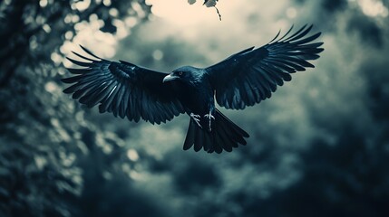 Obraz premium A black crow in flight with its wings spread wide against a blurred background of green foliage.